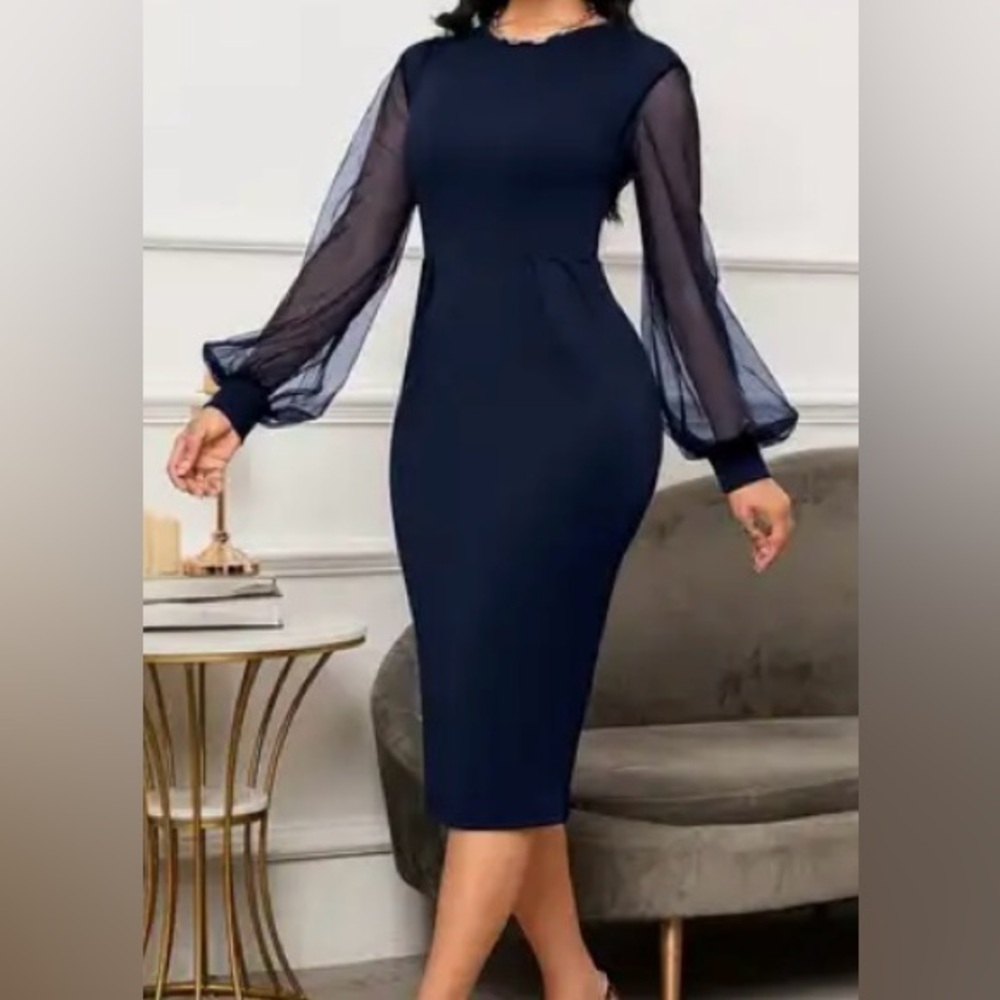 Elegant Navy Blue Sheer Sleeve Dress